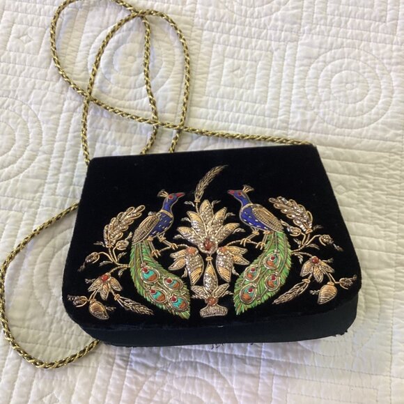Vintage Zardozi Black Velvet Bag Clutch Gold Embroidery Double Peacock Design In - Picture 9 of 16